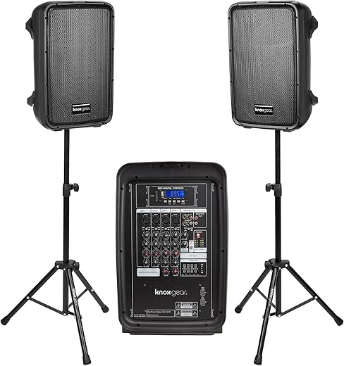 Knox Gear Dual Speaker And Mixer Set–Portable 8” 300 Watt Dj Pa System With Wired Microphone &Amp; Tripod Stands, Amplifier, Bluetooth, Usb, Sd, 1/4” Line Rca, Xlr Inputs, Ideal For A Party Or Event