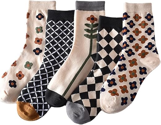 Lakemon 5 Pack Cute Womens Floral Socks,Vintage Embroidered Floral Socks (5 Pairs-G)