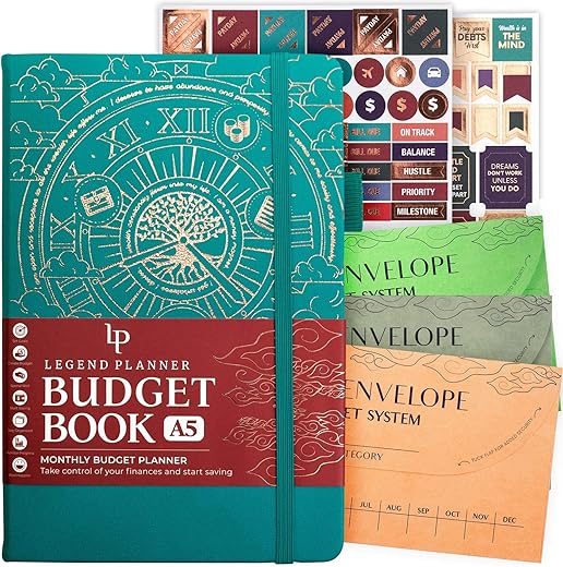 Legend Planner Budget Book - Personal Finance Planner With 3 Cash Envelopes &Amp; Stickers - Non-Dated Monthly Journal For Budgeting, Saving Money, Debt Payoff &Amp; Bill Organizer - A5 Size, Viridian Green