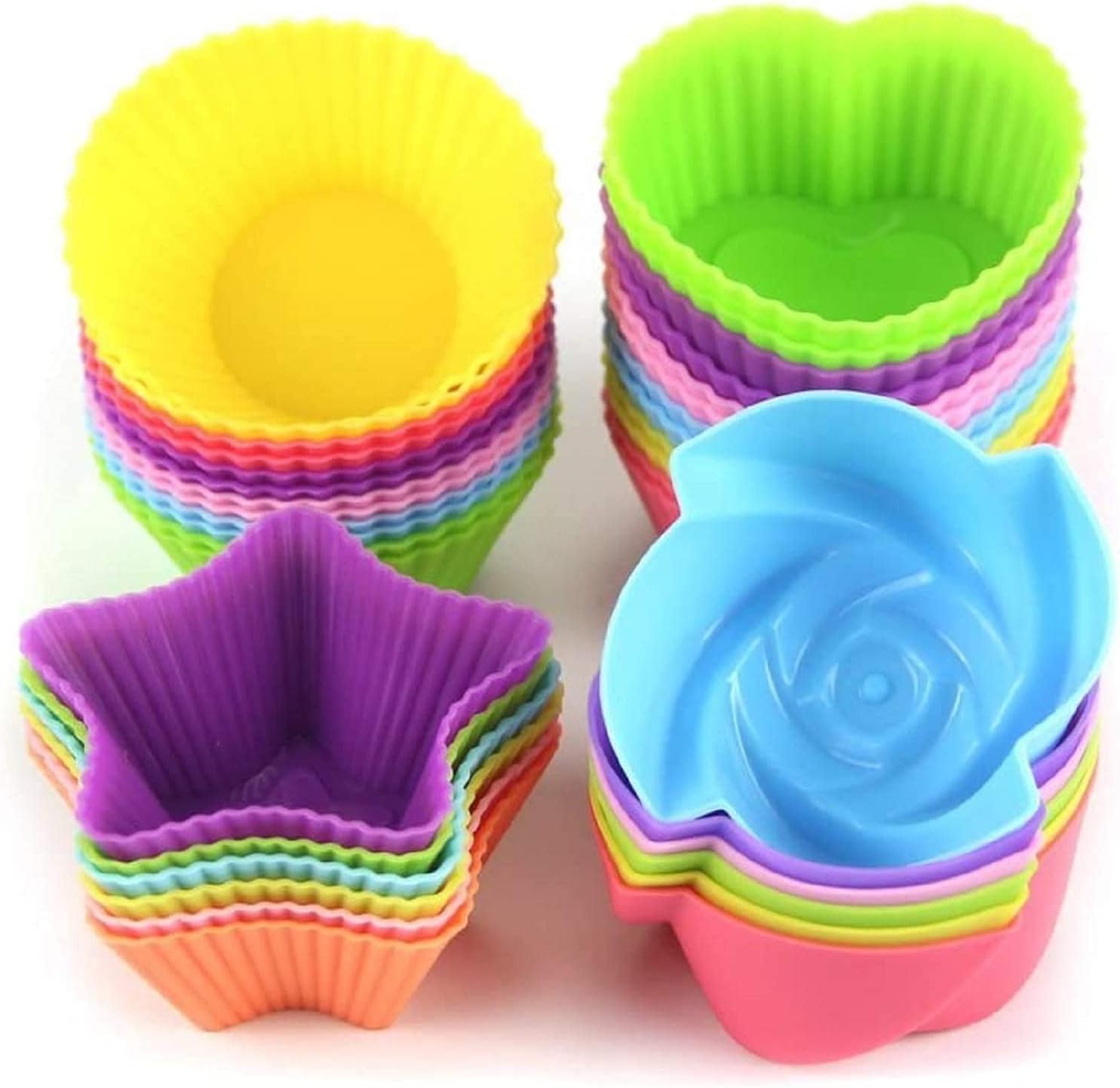 Letgoshop Silicone Cupcake Liners Reusable Baking Cups Nonstick Easy Clean Pastry Muffin Molds 4 Shapes Round, Stars, Heart, Flowers, 24 Pieces Colorful
