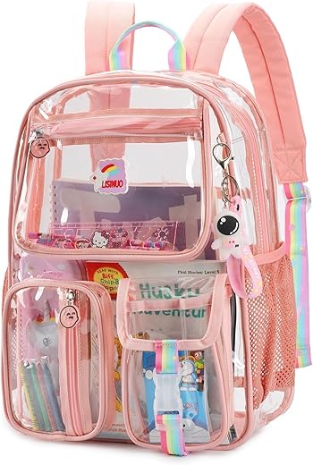 Lisinuo Clear Backpack, Heavy Duty Transparent Bag Stadium Approved With Keychain (Yellow)