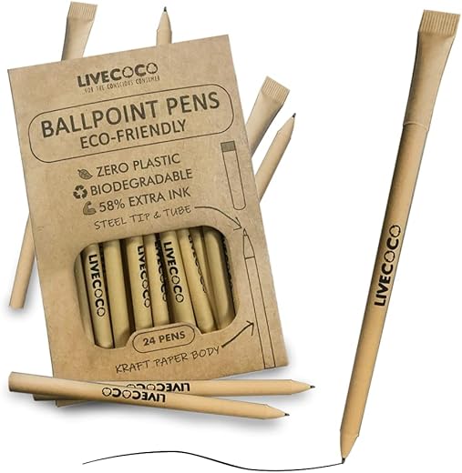 Livecoco Eco-Friendly Pens Pack Of 24 Multipack - Kraft Paper And Steel Biodegradable Pens School Supplies - Black Eco Biro Pens Environmentally Friendly Vegan Eco Gifts Office Supplies