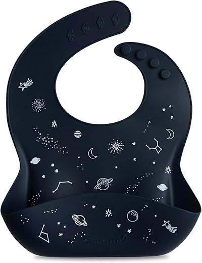 Loulou Lollipop Soft, Waterproof Silicone Feeding Bib For Babies And Toddlers 3 To 36 Months, Easy To Clean, Adjustable Fit And Catch-All Pouch - Space