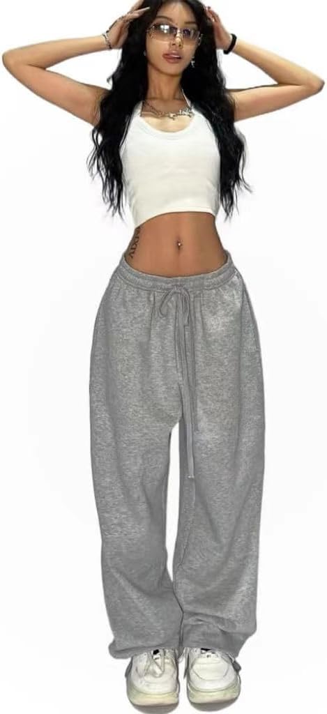 Mangmao Wide Leg Sweatpants Women Baggy Pants Y2K Straight Leg Sweatpants With Pockets Low Rise Y2K Pants (Gray,L,Large)