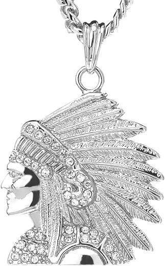 Men'S Gold Silver Tone Indian Head 24&Quot; Cuban Chain Pendant Necklace Cpb 7216 (Silver)