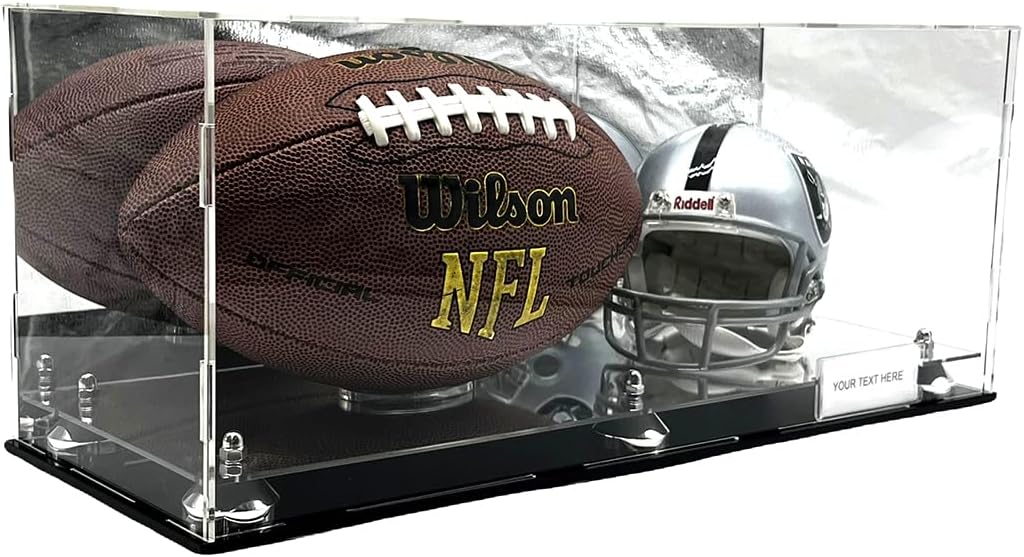 Mini Football Helmet &Amp; Ball Display Case Stand Box Sports Memorabilia Collectibles Riser Mirror Back And Platform
