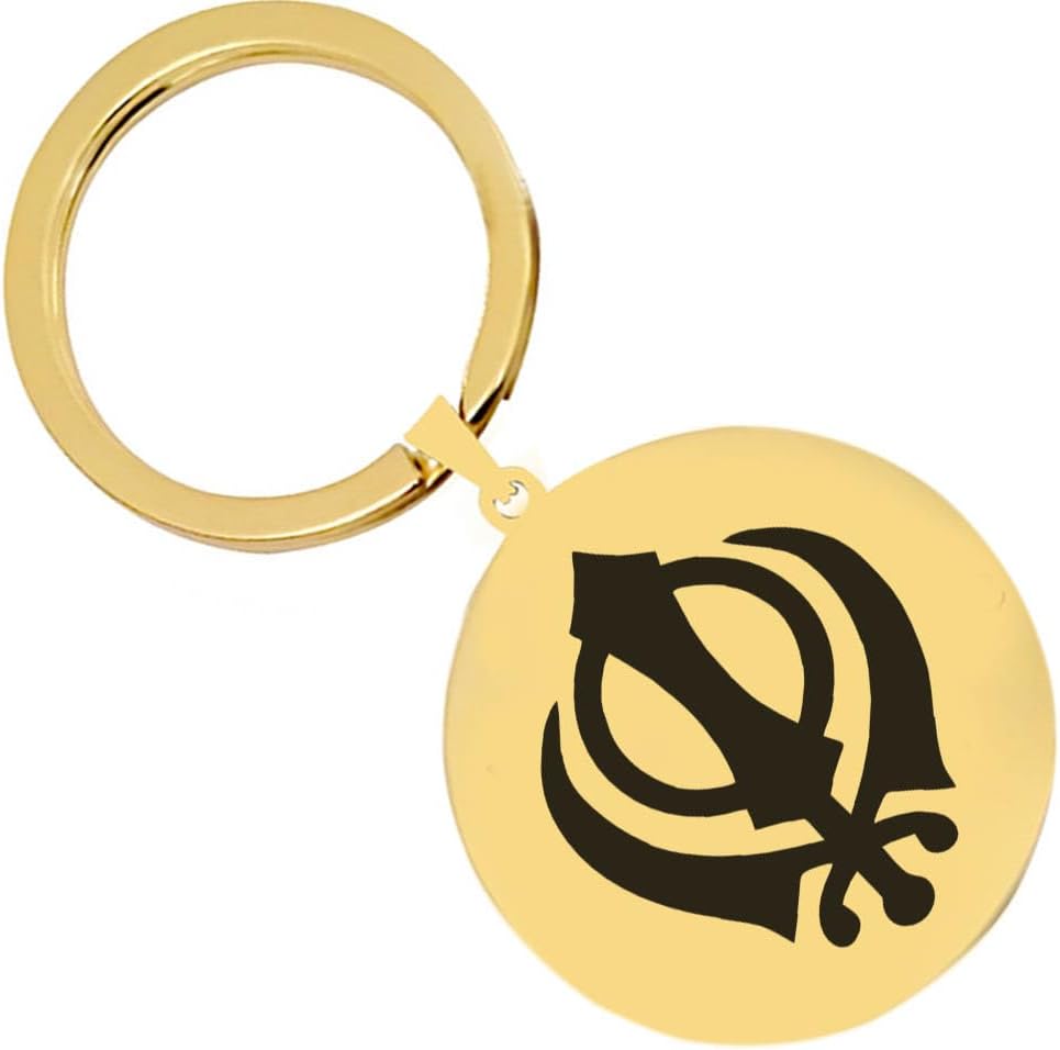 Mmbox 2Pcs Laser Engraved The Khanda Sikh Khanda Punjabi Kirpan Sword Symbol Stainless Steel Key Rings Well Polished Gold
