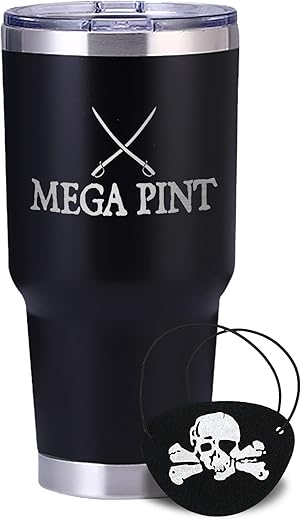 Momstir Mega Pint Cup 30 Oz Stainless Steel Wine And Beer Tumbler — Double Wall Insulated Tumbler With Lid — Trial Merchandise, Johnny Depp Mug For Captain Jack Sparrow Fans + Pirate Eyepatch