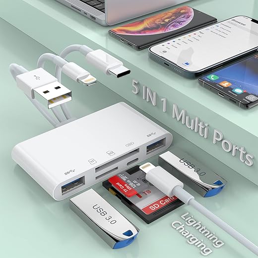 Multi 5-In-1 Lightning+Type C+Usb A Card Reader For Iphone/Ipad/Android/Mac Book/Computer/Tablet/Camera/Hard Disk/Flash Drive,Otg Memory Adapter For Sd/Micro Sd/Sdhc/Sdxc/Mmc—Mfi