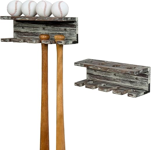 Mygift Solid Torched Wood Baseball Bat Holder And Ball Display Shelf, Wall Mounted Sports Memorabilia And Collectibles Floating Shelf, Set Of 2