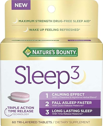 Nature'S Bounty Sleep3 Melatonin 10Mg, Maximum Strength 100% Drug Free Sleep Aid, Dietary Supplement, L-Theanine &Amp; Nighttime Herbal Blend Time Release Technology, 60 Tri-Layered Tablets