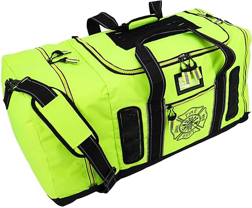 Newly Redesigned Lightning X Firefighter Fireman Quad-Vent Turnout Gear Bag W/Helmet Compartment, Mesh Vents &Amp; Maltese Cross For First Responder (Fluorescent Yellow)