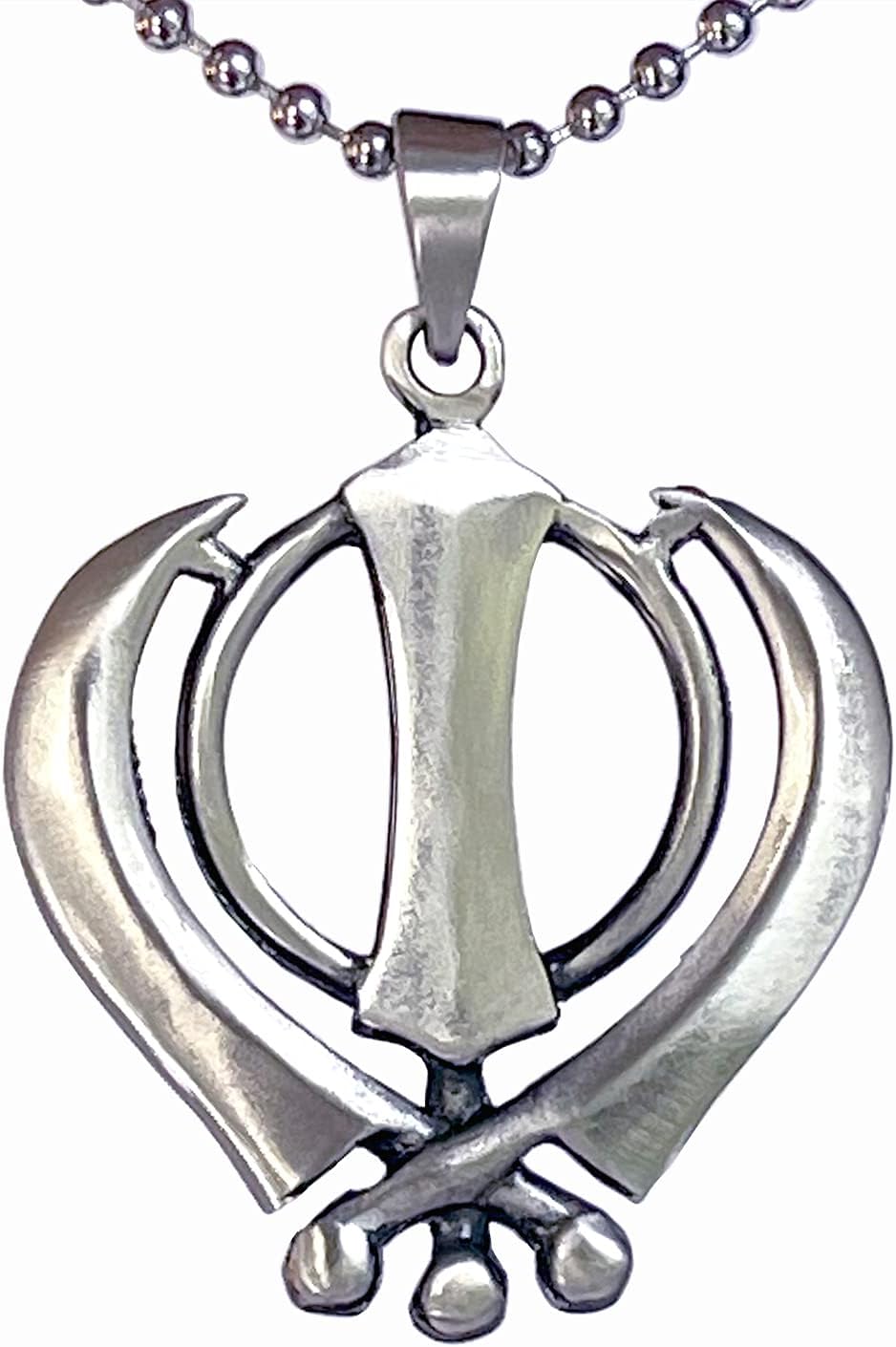 Ohdeal4U Guru Sikh Jewelry Sikhism God Khanda Punjabi Double Edged Swords ਖੰਡਾ Khaṇḍā Chakram Punjab Sword Protection Amulet Charm Pewter Men'S Pendant Necklace Charm For Men W Silver Ball Chain
