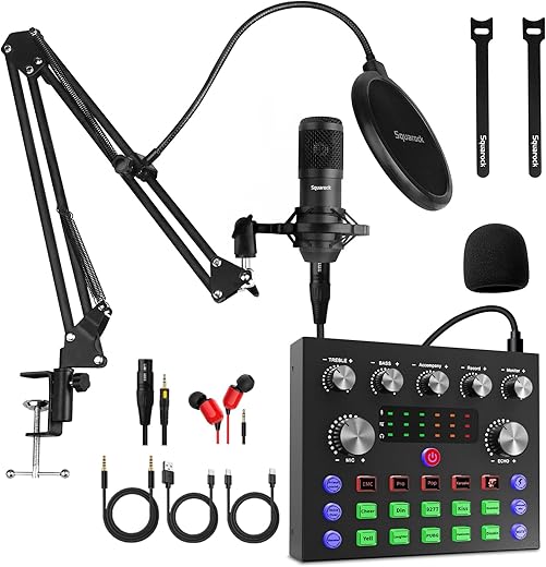 Podcast Equipment Bundle,Audio Interface With All-In-One Dj Mixer And Studio Broadcast Microphone, Perfect For Recording,Live Streaming,Gaming,Compatible With Pc,Smartphone,Play Station
