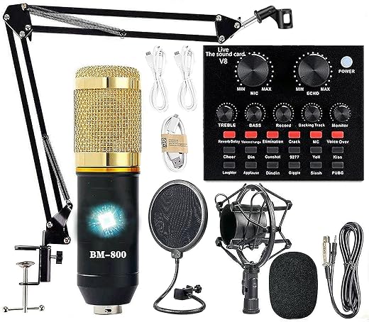 Podcast Equipment Bundle, Bm-800 Recording Studio Package With Voice Changer, Live Sound Card - Audio Interface For Laptop Computer Vlog Living Broadcast Live Streaming Youtube Tiktok (Am100-V8)