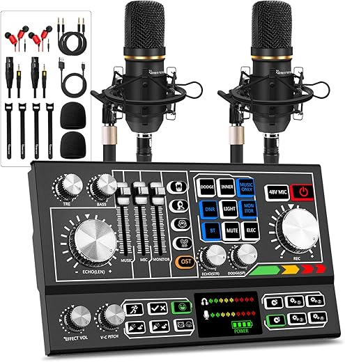 Podcast Equipment Bundle For 2, Audio Mixer With Condenser Microphone And 48V Phantom Power Supply Audio Interface For Live Stream/Record/Game