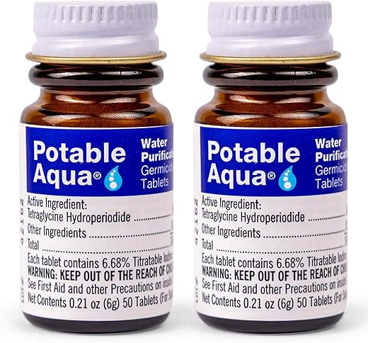 Potable Aqua Water Purification Tablets, Portable And Effective Water Purification Solution For Camping, Hiking, Emergencies, Natural Disasters And International Travel, Two 50Ct Bottles