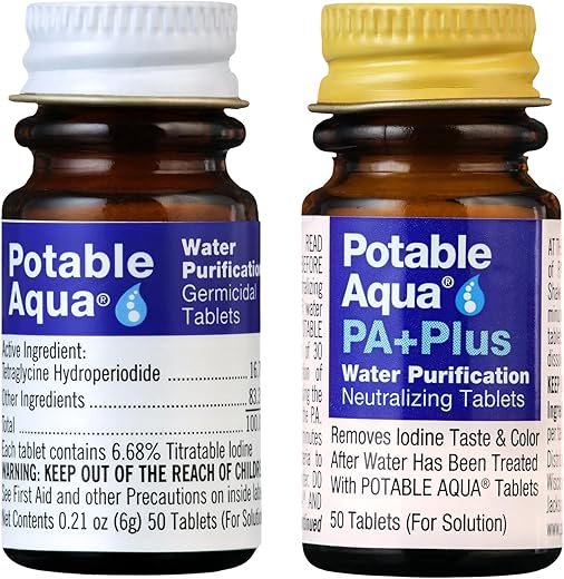 Potable Aqua Water Purification Tablets With Pa Plus, Portable And Effective Solution For Camping, Hiking, Emergencies, Natural Disasters And International Travel, Two 50Ct Bottles