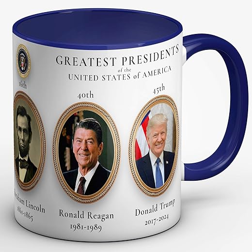President Donald Trump Mug 2017-2024 -Greatest Presidents Of The United States -Make America Great, Presidential Seal + Washington-Jefferson-Lincoln-Reagan, Pro 2020 Supporter Merchandise -2Tone-Navy