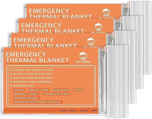 Qio Chuang Emergency Mylar Thermal Blankets -Space Blanket Survival Kit Camping Blanket (4-Pack). Perfect For Outdoors, Hiking, Survival, Bug Out Bag ，Marathons Or First Aid 1
