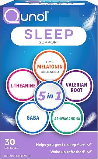 Qunol Sleep Support, 5 In 1 Non-Habit Forming Sleep Aid, Supplement With Time-Released Melatonin 5Mg, Ashwagandha, Gaba, Valerian Root, L-Theanine, 60Ct Capsules