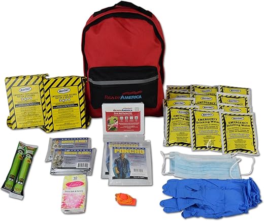 Ready America 70280 72 Hour Emergency Kit, 2-Person, 3-Day Backpack, Includes First Aid Kit, Survival Blanket, Portable Preparedness Go-Bag For Camping, Car, Earthquake, Travel, Hiking, And Hunting, Red