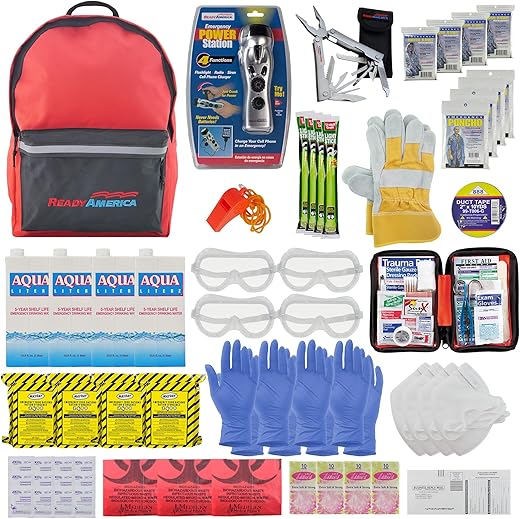 Ready America 72 Hour Deluxe Emergency Kit, 4-Person 3-Day Backpack, First Aid Kit, Survival Blanket, Power Station, Emergency Food, Portable Disaster Preparedness Go-Bag For Earthquake, Fire, Flood