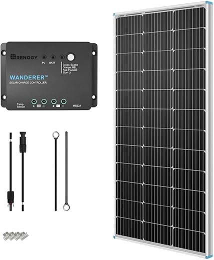 Renogy 100 Watt 12 Volt Solar Panel Starter Kit With 100W Monocrystalline Solar Panel + 30A Pwm Charge Controller + Adaptor Kit + Tray Cables + Mounting Z Brackets For Rv Boats Trailer Off-Grid System