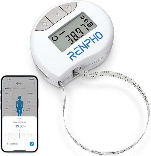 Renpho Smart Tape Measure Body With App, Bluetooth Measuring Tapes For Body Measuring, Weight Loss, Muscle Gain, Fitness Bodybuilding, Retractable, Measures Body Part Circumferences, Inches &Amp; Cm