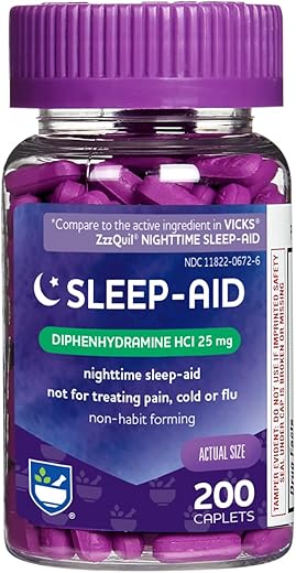 Rite Aid Natural Sleep Aid Caplets, Diphenhydramine Hcl, 25Mg - 200 Count | Sleeping Pills For Adults Extra Strength