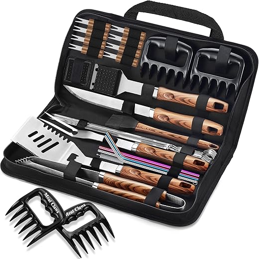 Romanticist 26Pcs Grilling Accessories Kit For Men Women, Stainless Steel Heavy Duty Bbq Tools With Glove And Corkscrew, Grill Utensils Set In Portable Canvas Bag For Outdoor,Camping,Backyard,Brown