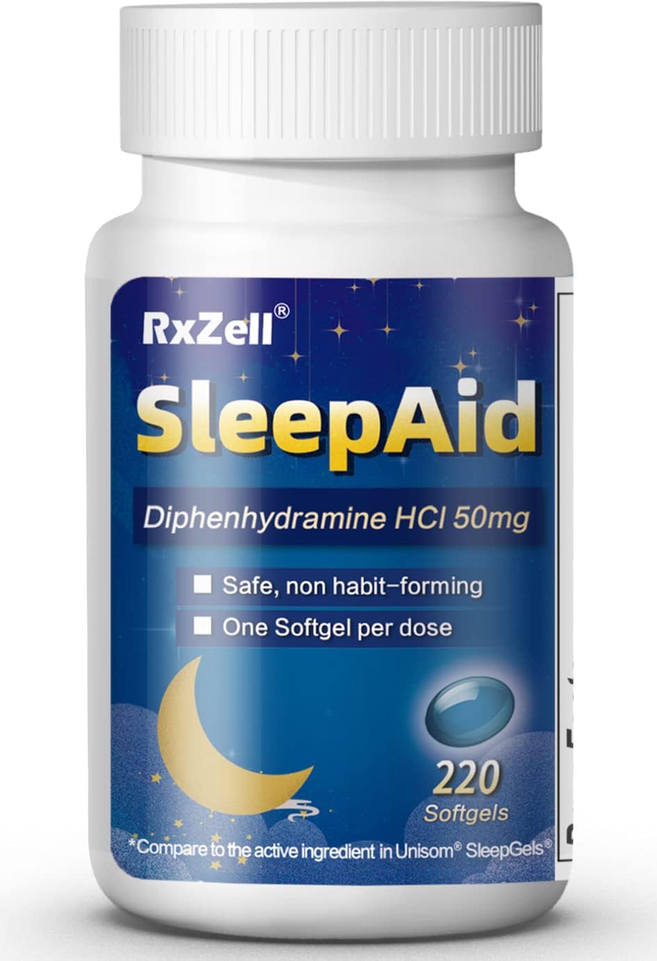 Rxzell Sleep Aid, Diphenhydramine Hcl 50Mg, 220 Softgels - Fall Asleep Faster, Deeper Restful Sleeping, Non Habit-Forming