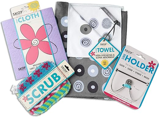 Skoy Cleaning Bundle - Cloth, Scrub, Gray Towel And Sink Holder – Environmentally Friendly, Kitchen &Amp; Household Use, Plastic-Free Packaging, Great Gift Idea!