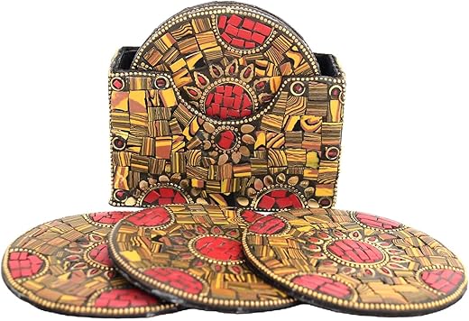 Skywalk Set Of 6 Handcrafted Wooden Coasters With Stand,Ideal For Table Kitchen Rustic Bar Decoration,Tabletop Protection For Home, Office &Amp; Gifting Décor Lk-20 5X5 Multicolour