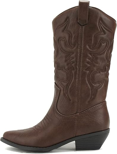 Soda Women'S Red Reno Western Cowboy Pointed Toe Knee High Pull On Tabs Boots (8, Dark Tan Pu, Numeric_8)