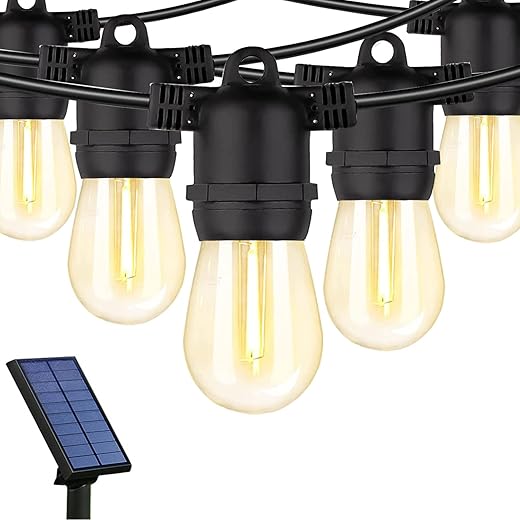 Solar String Lights Outdoor Waterproof Led 27Ft Heavy Duty Patio Lights W/12 Plastic Hanging S14 Edison Bulbs, Shatterproof Commercial Grade Vintage Bulbs For Outside Backyard Garden Porch Yard Décor