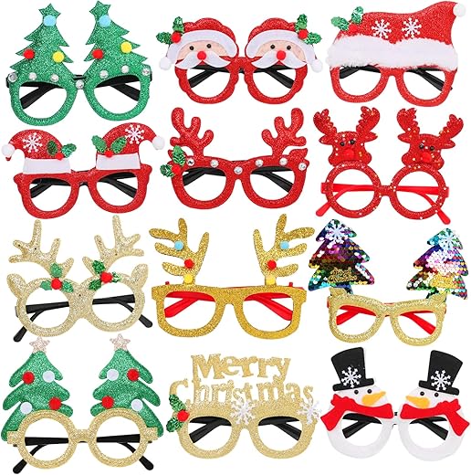 Starside Christmas Party Glasses,12 Pcs Chrsitmas Party Glasses For Kids Adults,Christmas Glitter Party Eyeglasses Frames,Xmas Holiday Glasses To Wear Bulk