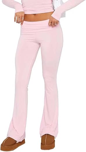 Sumleno Women Y2K Skinny Pants Flare Leggings Low Rise Fold Over Waist Bootcut Stretchy Yoga Sweatpants Lounge Streetwear (Light Pink,S)