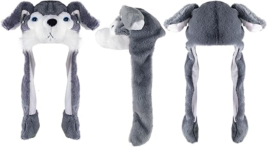 Super Z Outlet Animal Cute Plush Animal Winter Ski Hat Beanie Aviator Style Winter With Long Glove Ear Flaps (Gray Husky)