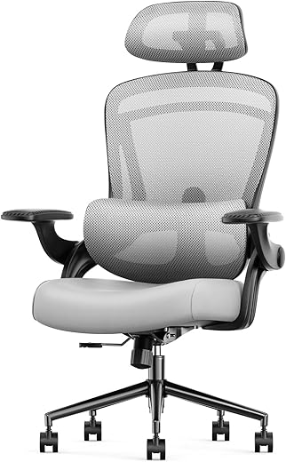 Sweetcrispy Office Computer Desk Chair, Ergonomic Mid-Back Mesh Rolling Work Swivel Task Chairs With Wheels, Comfortable Lumbar Support, Comfy Flip-Up Arms For Home, Bedroom, Study, Student, Grey