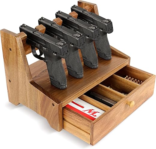 Tactical45 Pistol Rack For Gun Safe Shelf - 4 Slot Wooden Handgun Rack With Divided Ammo Drawer - Revolver And Firearm Accessories Organizer - Bedside Gun Holder For Nightstand Or Desktop