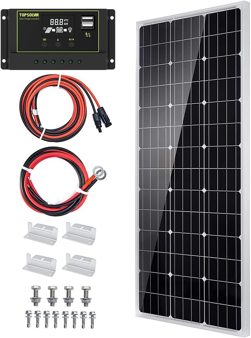 Topsolar Solar Panel Kit 100 Watt 12 Volt Monocrystalline Off Grid System For Homes Rv Boat + 30A 12V/24V Solar Charge Controller +Solar Cables + Z-Brackets For Mounting