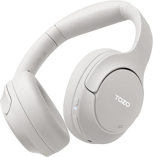 Tozo Ht2 Hybrid Active Noise Cancelling Headphones, Wireless Over Ear Bluetooth Headphones, 60H Playtime, Hi-Res Audio Custom Eq Via App Deep Bass Comfort Fit Ear Cups, For Home Office Travel White