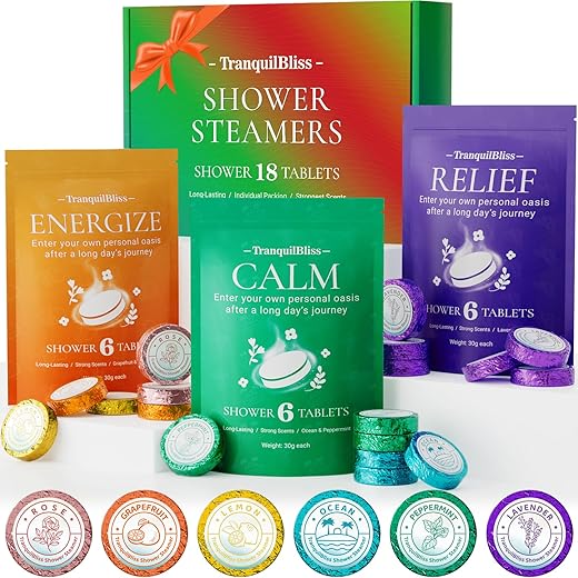 Tranquilbliss 18 Pack Shower Steamers With 6 Smoothing Long-Lasting Scents, Shower Bath Bombs With Natural Fragrance, Self-Care And Relaxation Gifts For Women And Men, Christmas Gifts