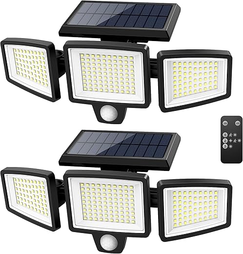Tuffenough Solar Outdoor Lights 2500Lm 210 Led Security Lights With Remote Control,3 Heads Motion Sensor Lights, Ip65 Waterproof,270° Wide Angle Flood Wall Lights With 3 Modes(2 Packs)