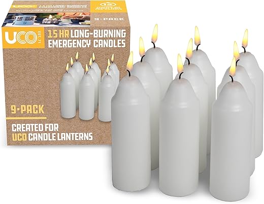 Uco 9-Hour Survival , Long-Burning Emergency Candles For Candle Lantern, White, 9 Pack