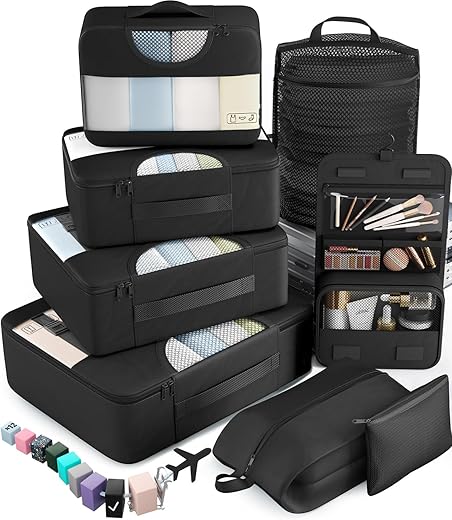 Veken 8 Set Packing Cubes For Suitcases, Travel Essentials For Carry On, Luggage Organizer Bags Set For Travel Accessories In 4 Sizes (Extra Large, Large, Medium, Small), Black