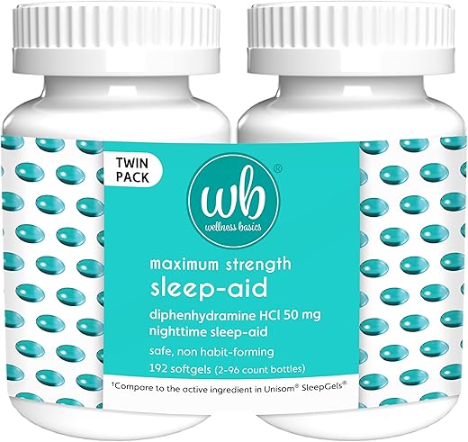 Wellness Basics Maximum Strength Sleep-Aid Diphenhydramine Softgel Twin Pack, 96 Count (Pack Of 2)