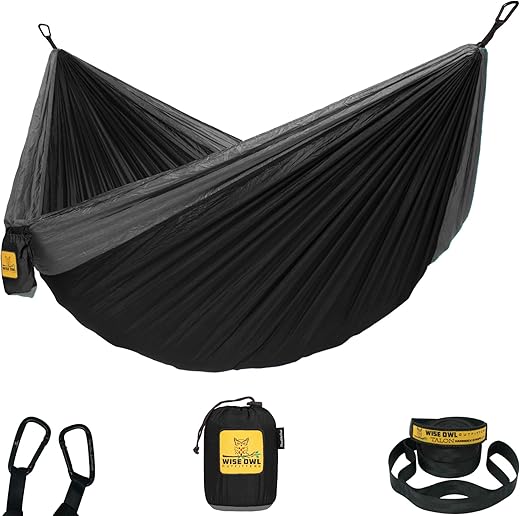 Wise Owl Outfitters Hammock For Camping Double Hammocks Gear For The Outdoors Backpacking Survival Or Travel - Portable Lightweight Parachute Nylon Do Black &Amp; Grey