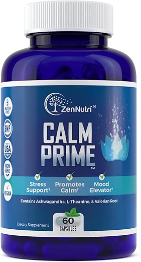 Zennutri Calm Prime Stress Relief Supplement Non-Drowsy | Mood Support Supplement | Mood Boost | Vegan Daytime Stress Supplements Calm Aid | Stress Vitamins - Ashwagandha, Valerian Root - 60 Count